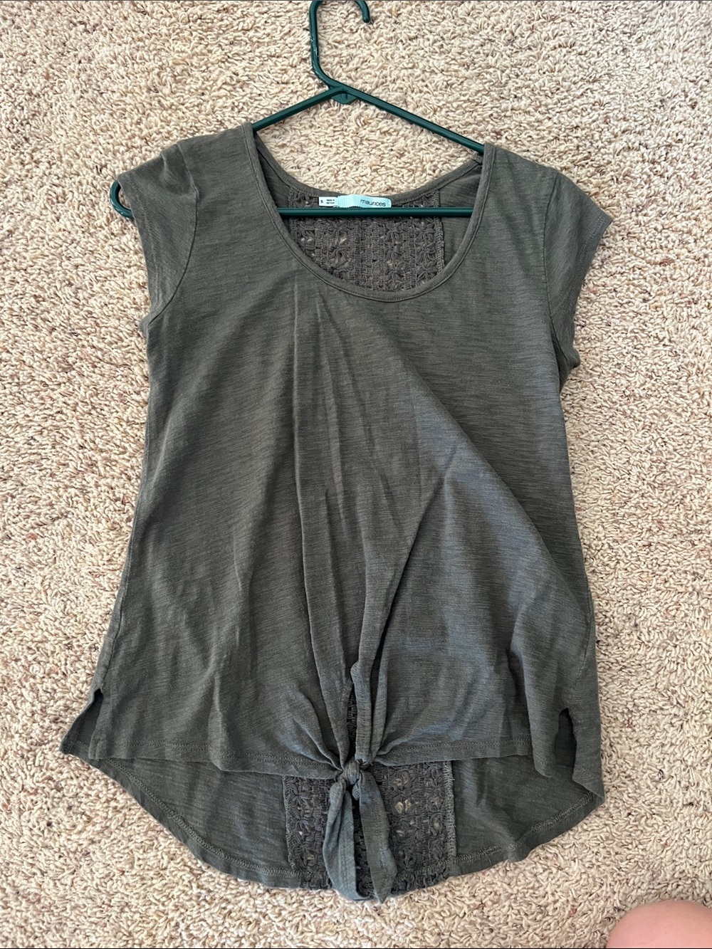 Maurices Olive Tie-Front Cap Sleeve Top with Lace Inset